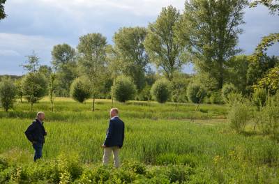 Henning Rehbaum und Klaus Grothues besichtigen das Reg
enr�ckhaltebecken, was sich
eher zum Biotop gewandelt hat, an der Hofwiese Liesborn